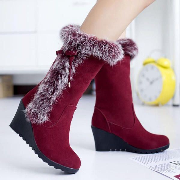 Dames Kunstbont Voering Trim Halfhoge Sneeuw Wedge Heel Snowboots