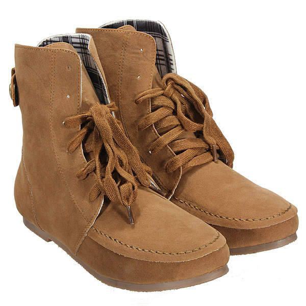 Dames Lace Up Winter Boots Faux Suede Flat Ankle Shoes