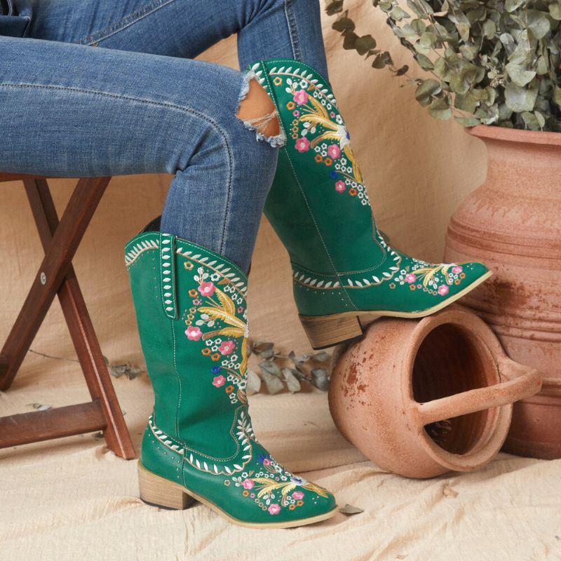 Dames Lederen Retro Bloemenprint Draagbare Comfortabele Slip Op Dikke Hak Halfhoge Cowboylaarzen