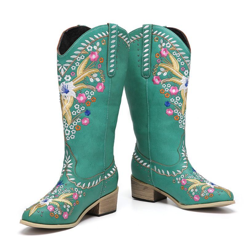 Dames Lederen Retro Bloemenprint Draagbare Comfortabele Slip Op Dikke Hak Halfhoge Cowboylaarzen