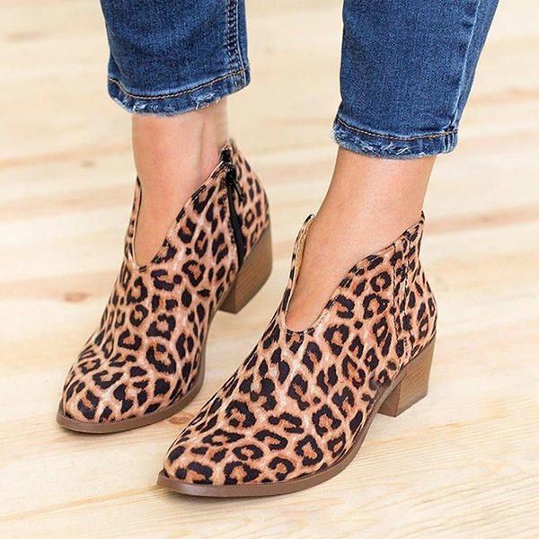 Dames Leopard Grain Chunky Heel Rits Enkel Korte Laarzen