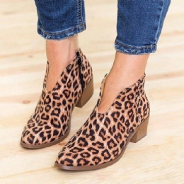 Dames Leopard Grain Chunky Heel Rits Enkel Korte Laarzen