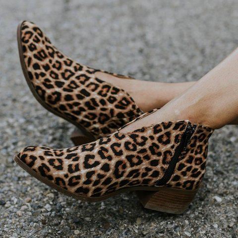 Dames Leopard Grain Chunky Heel Rits Enkel Korte Laarzen