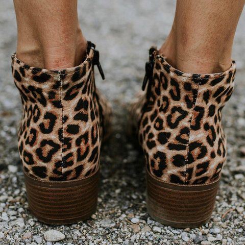 Dames Leopard Grain Chunky Heel Rits Enkel Korte Laarzen