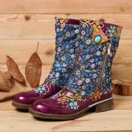 Dames Retro Bloemen Patroon Stiksels Rits Platte Laarzen