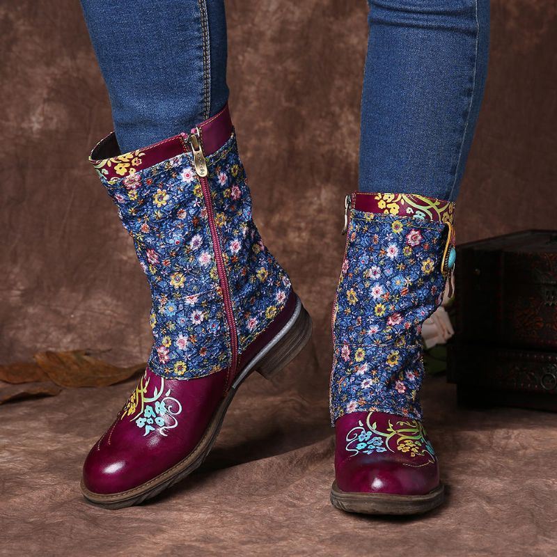 Dames Retro Bloemen Patroon Stiksels Rits Platte Laarzen