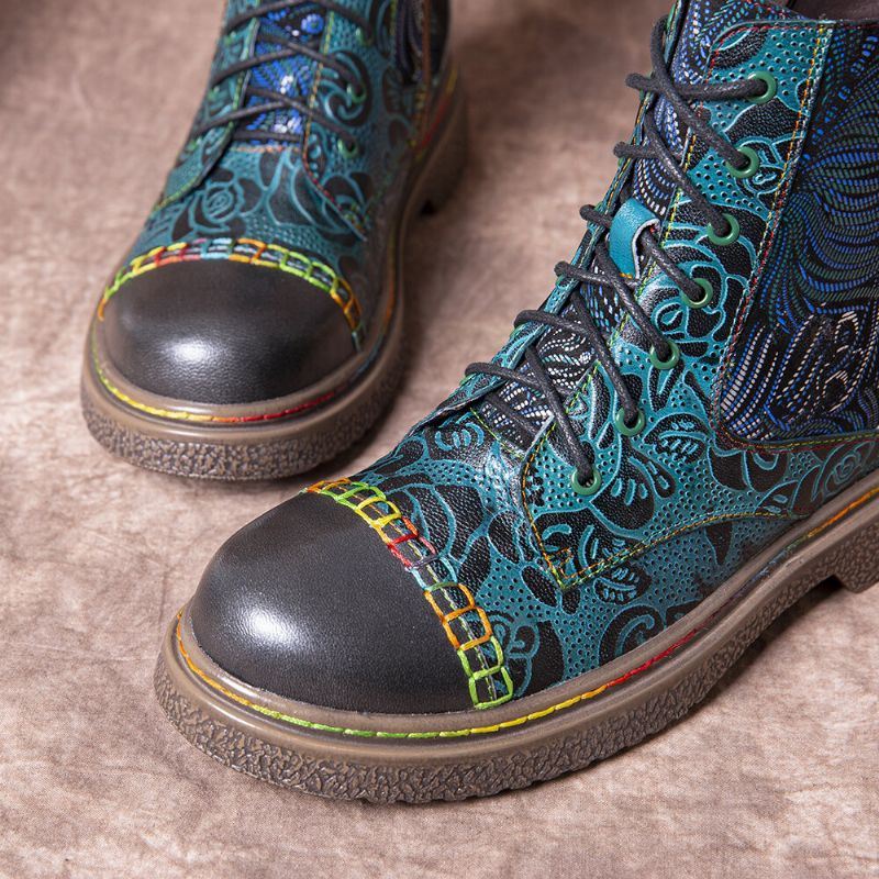 Dames Retro Bloemenprint Echt Leer Embossing Lace Up Enkellaarsjes