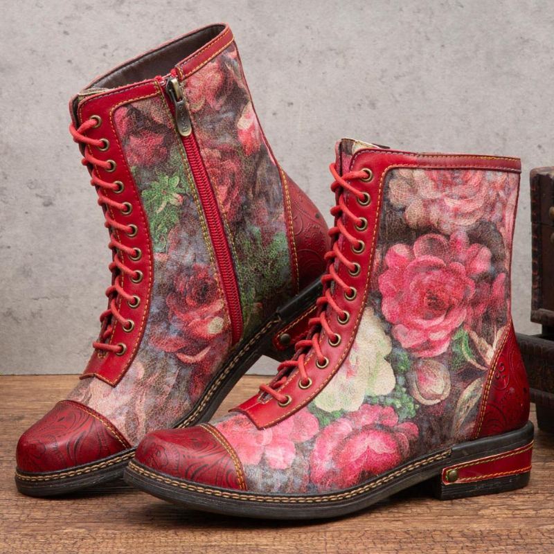 Dames Retro Bloemenprint Echt Leer Embossing Lace Up Stiksels Enkellaarsjes