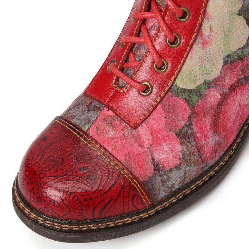 Dames Retro Bloemenprint Echt Leer Embossing Lace Up Stiksels Enkellaarsjes