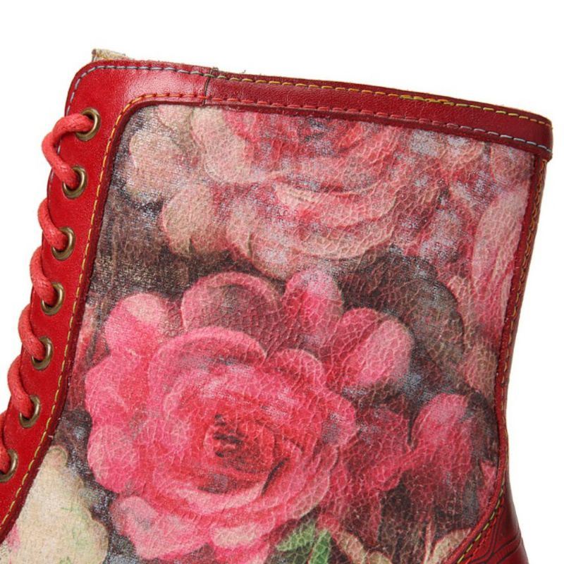 Dames Retro Bloemenprint Echt Leer Embossing Lace Up Stiksels Enkellaarsjes