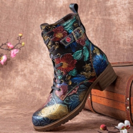 Dames Retro Bloemenprint Lederen Comfy Chunky Hakken Veterschoenen Halfhoge Laarzen