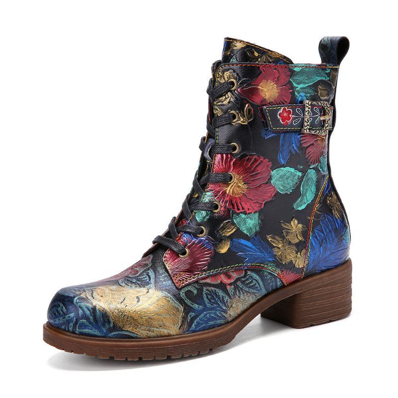 Dames Retro Bloemenprint Lederen Comfy Chunky Hakken Veterschoenen Halfhoge Laarzen