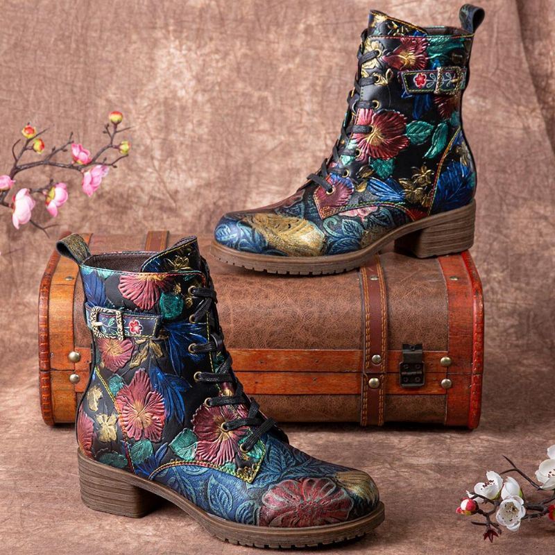 Dames Retro Bloemenprint Lederen Comfy Chunky Hakken Veterschoenen Halfhoge Laarzen