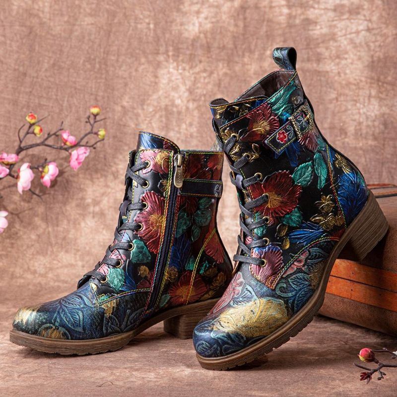 Dames Retro Bloemenprint Lederen Comfy Chunky Hakken Veterschoenen Halfhoge Laarzen