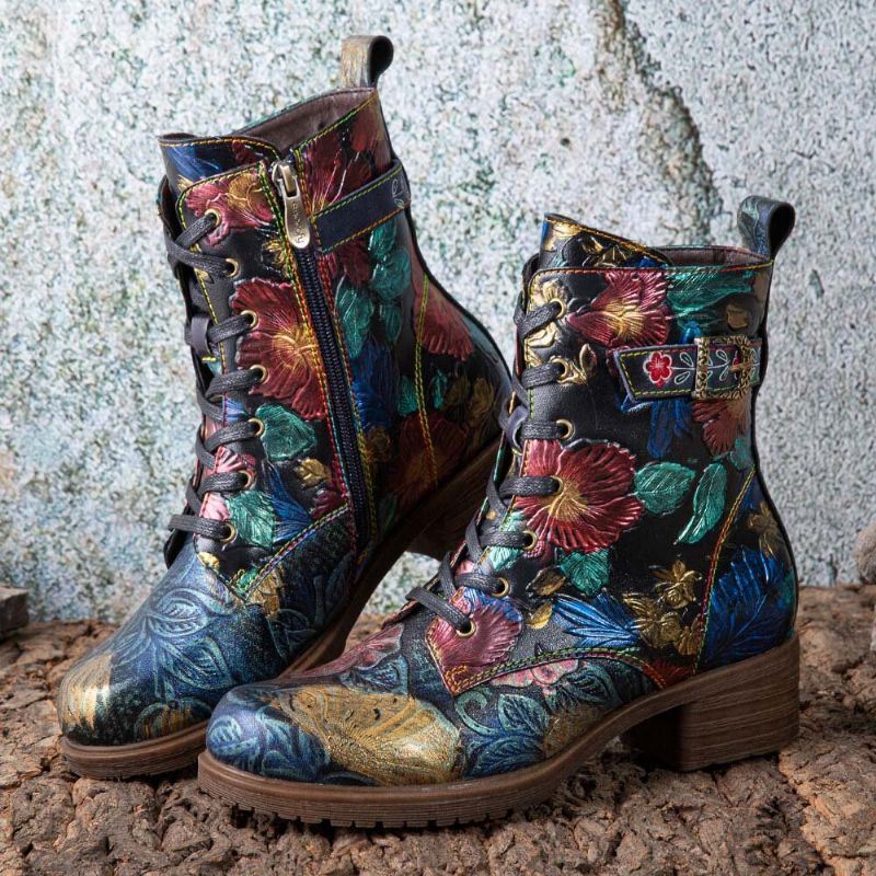 Dames Retro Bloemenprint Lederen Comfy Chunky Hakken Veterschoenen Halfhoge Laarzen