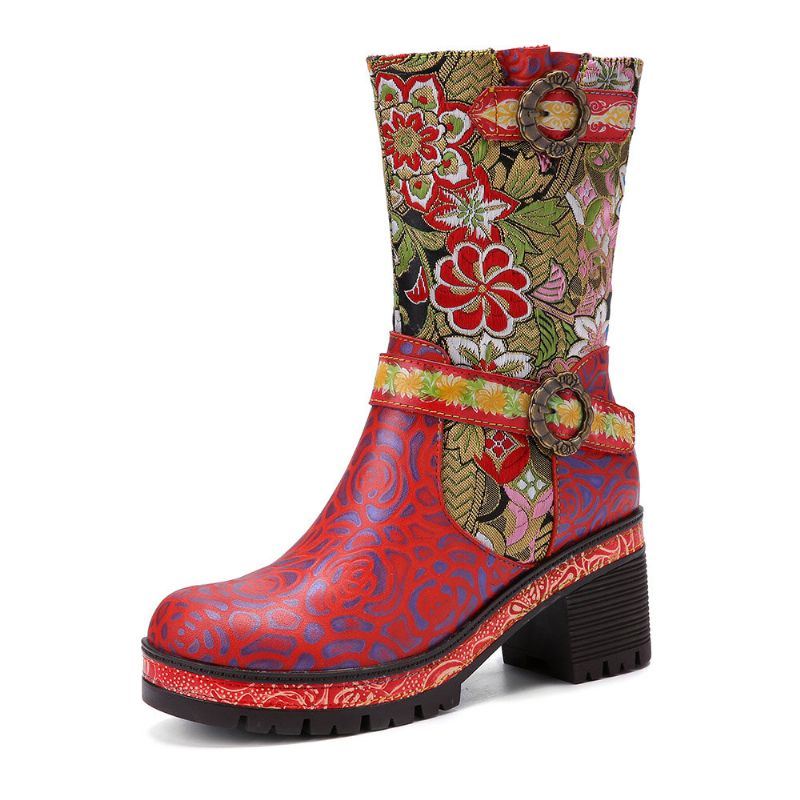 Dames Retro Bloemenprint Lederen Zachte Comfy Chunky Heels Halfhoge Laarzen