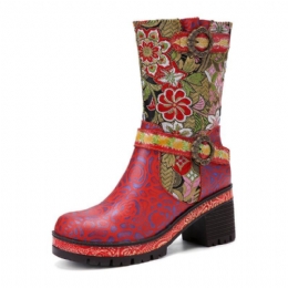 Dames Retro Bloemenprint Lederen Zachte Comfy Chunky Heels Halfhoge Laarzen