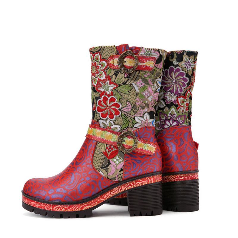 Dames Retro Bloemenprint Lederen Zachte Comfy Chunky Heels Halfhoge Laarzen