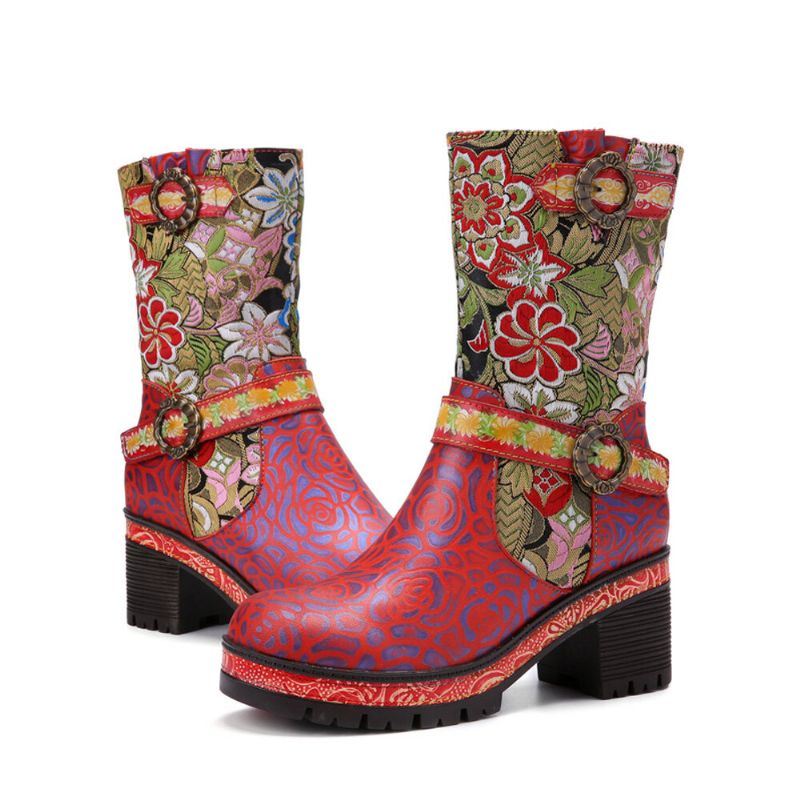 Dames Retro Bloemenprint Lederen Zachte Comfy Chunky Heels Halfhoge Laarzen