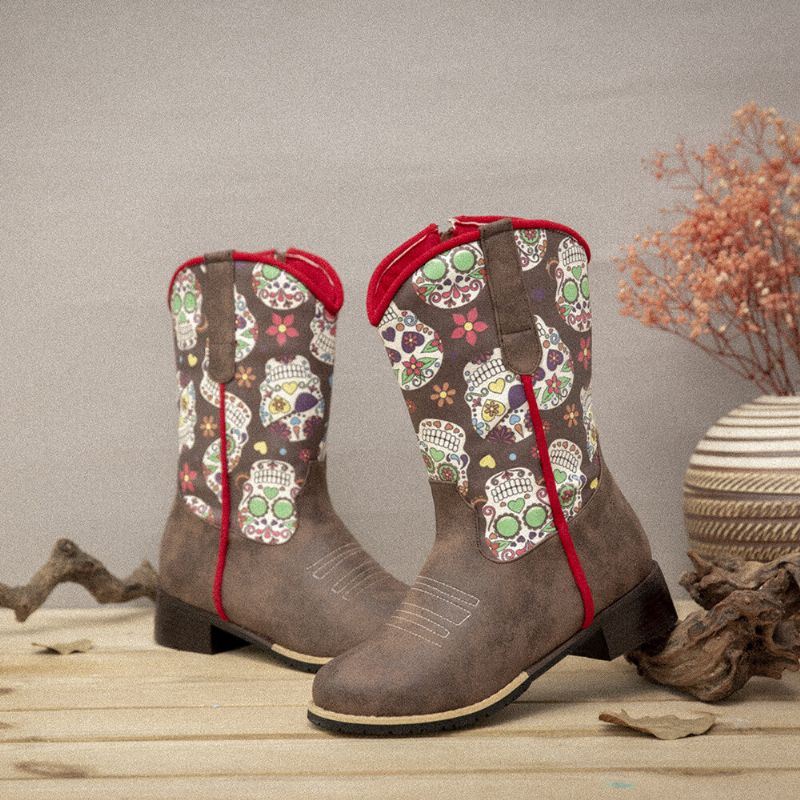 Dames Retro Bloemenprint Puntschoen Rits Halfhoge Cowboylaarzen