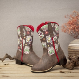 Dames Retro Bloemenprint Puntschoen Rits Halfhoge Cowboylaarzen