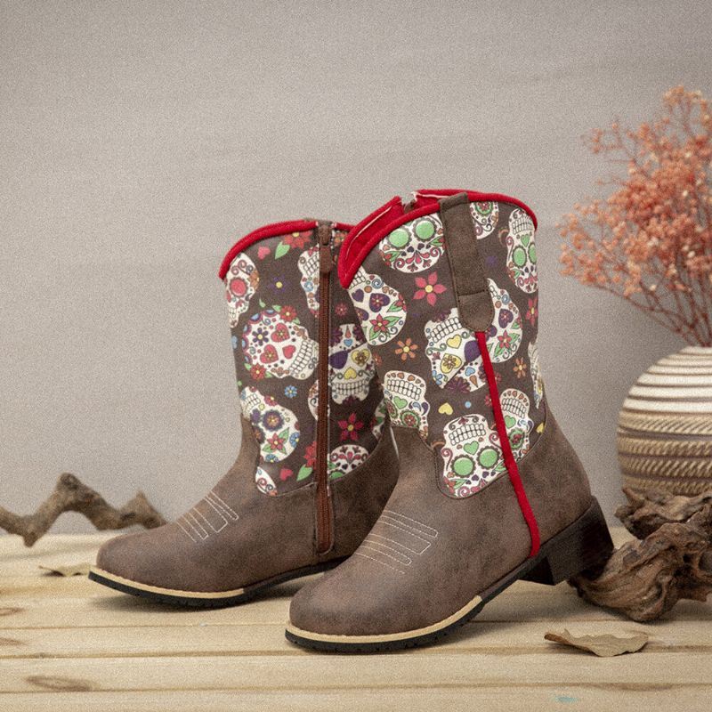 Dames Retro Bloemenprint Puntschoen Rits Halfhoge Cowboylaarzen