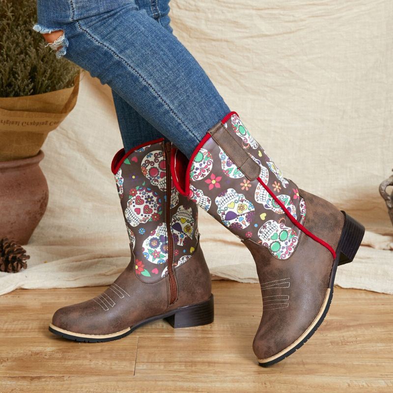 Dames Retro Bloemenprint Puntschoen Rits Halfhoge Cowboylaarzen