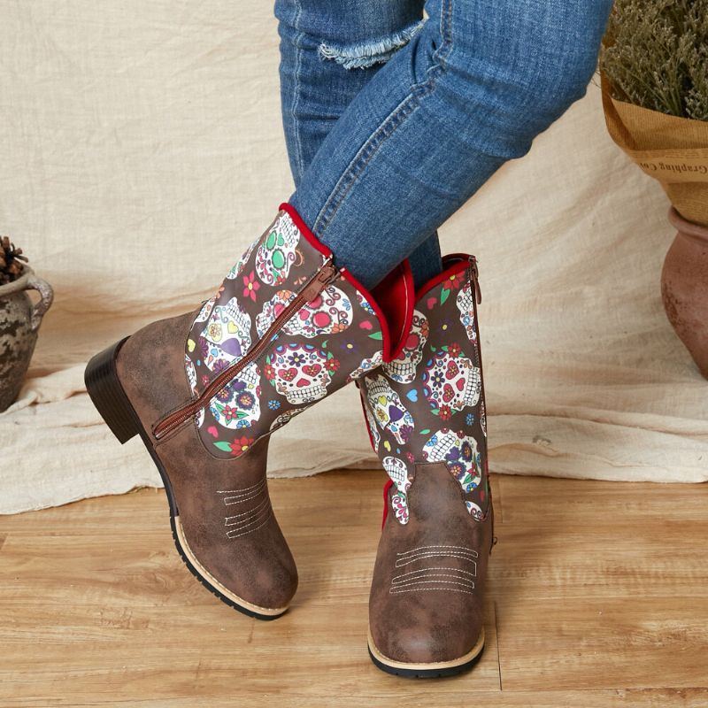 Dames Retro Bloemenprint Puntschoen Rits Halfhoge Cowboylaarzen