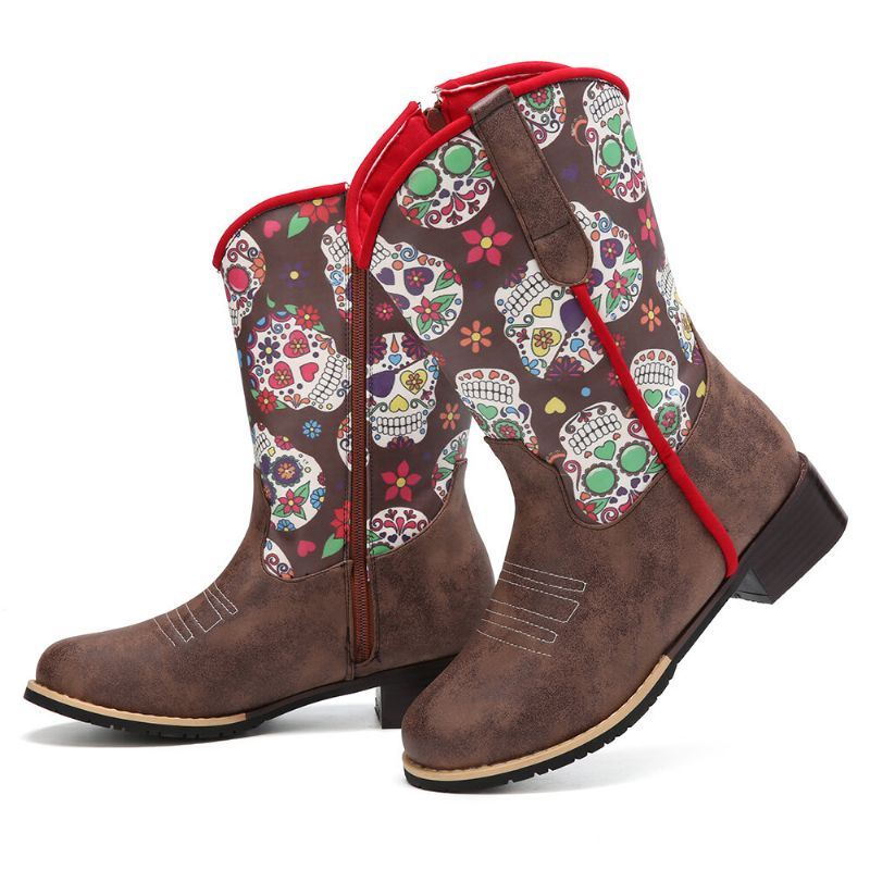 Dames Retro Bloemenprint Puntschoen Rits Halfhoge Cowboylaarzen