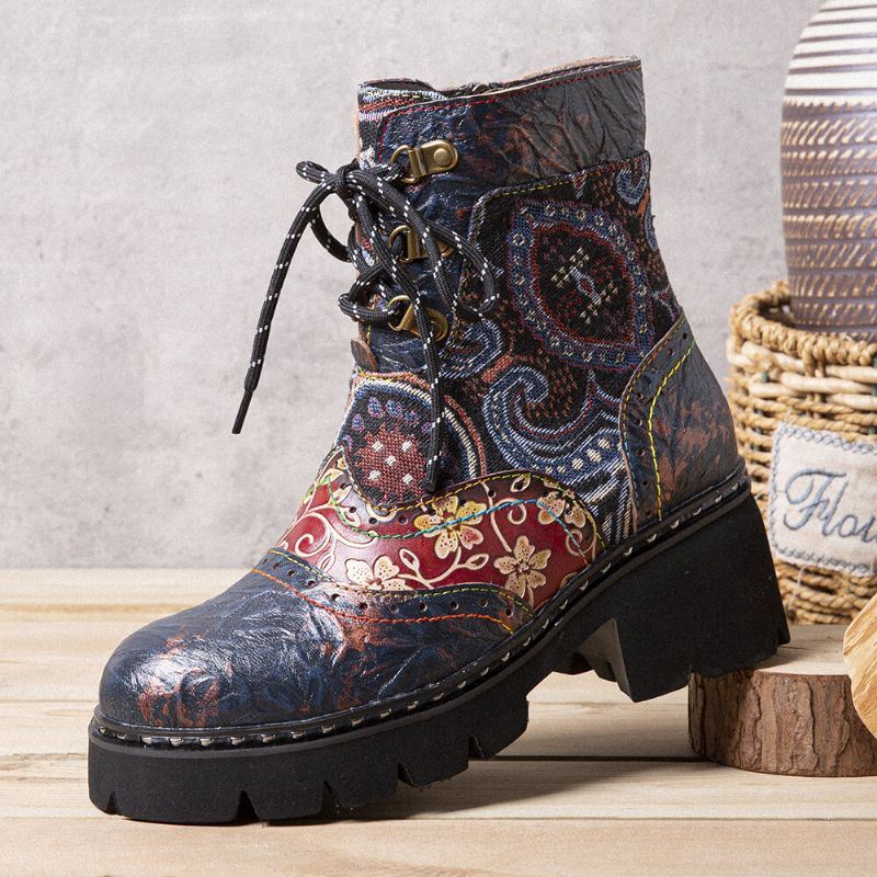 Dames Retro Etnische Stijl Antislip Bloemen Patroon Lederen Mid-tube Boots