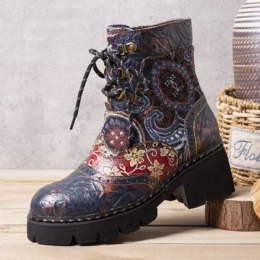 Dames Retro Etnische Stijl Antislip Bloemen Patroon Lederen Mid-tube Boots