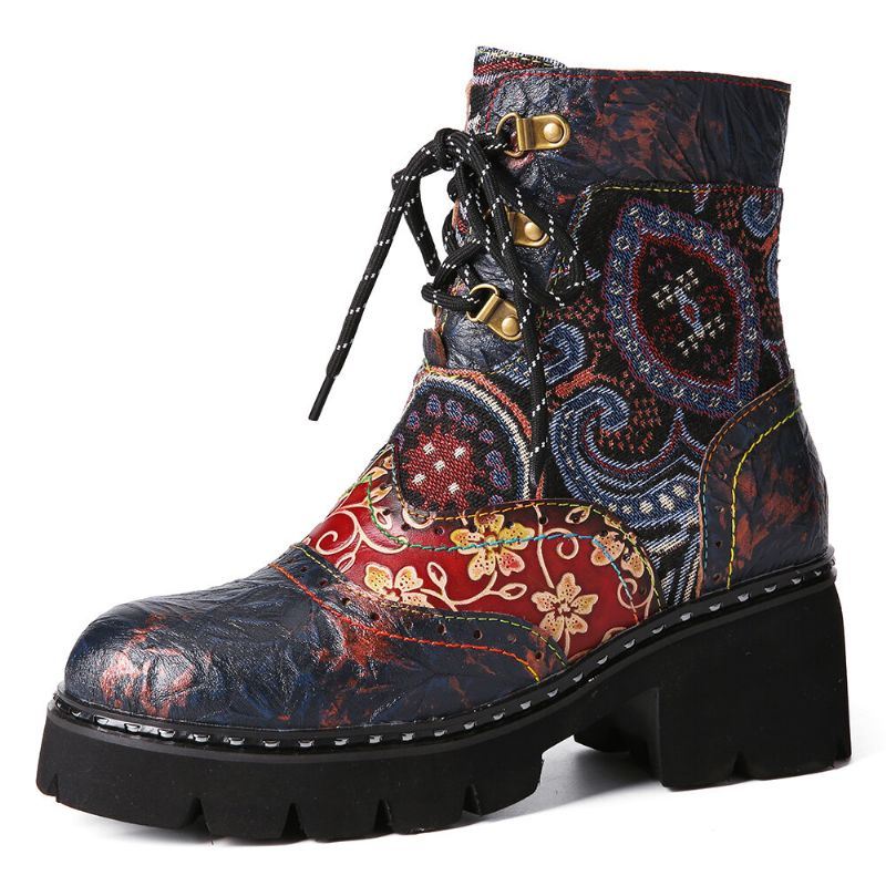 Dames Retro Etnische Stijl Antislip Bloemen Patroon Lederen Mid-tube Boots