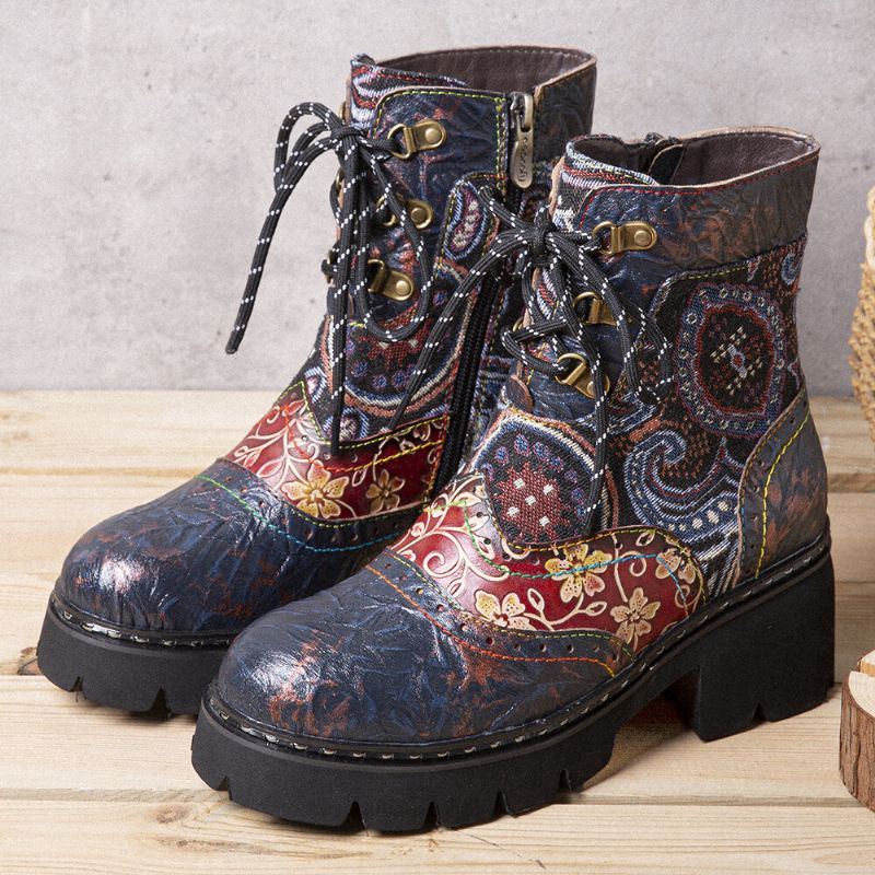 Dames Retro Etnische Stijl Antislip Bloemen Patroon Lederen Mid-tube Boots