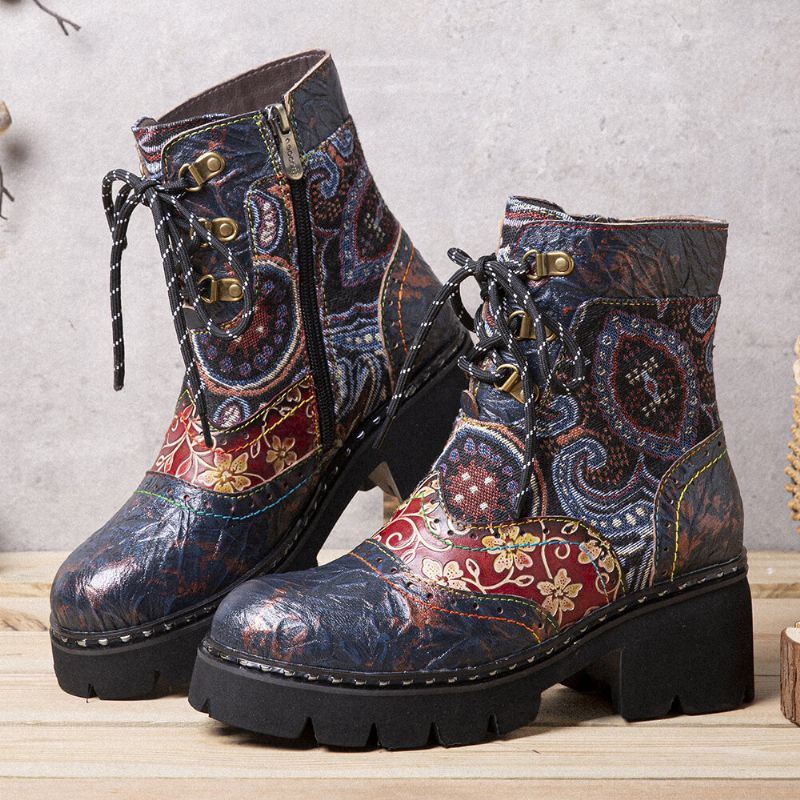 Dames Retro Etnische Stijl Antislip Bloemen Patroon Lederen Mid-tube Boots