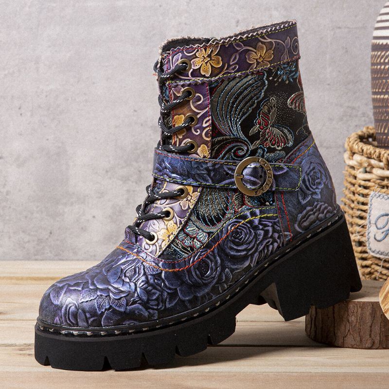 Dames Retro Etnische Stijl Rub Color Side-zip Borduurwerk Leren Mid-tube Boots