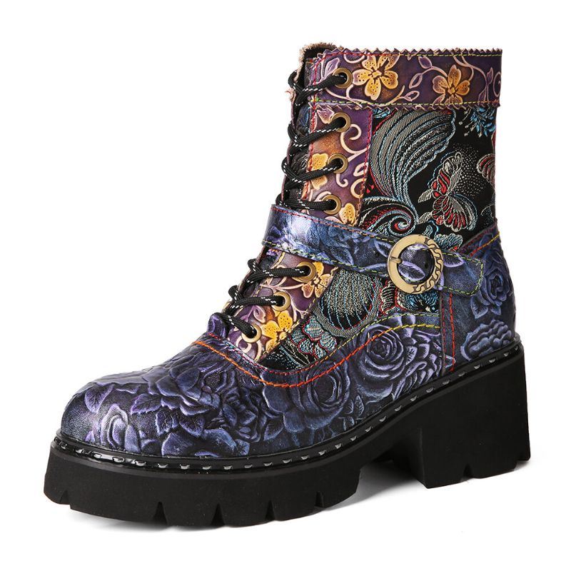 Dames Retro Etnische Stijl Rub Color Side-zip Borduurwerk Leren Mid-tube Boots