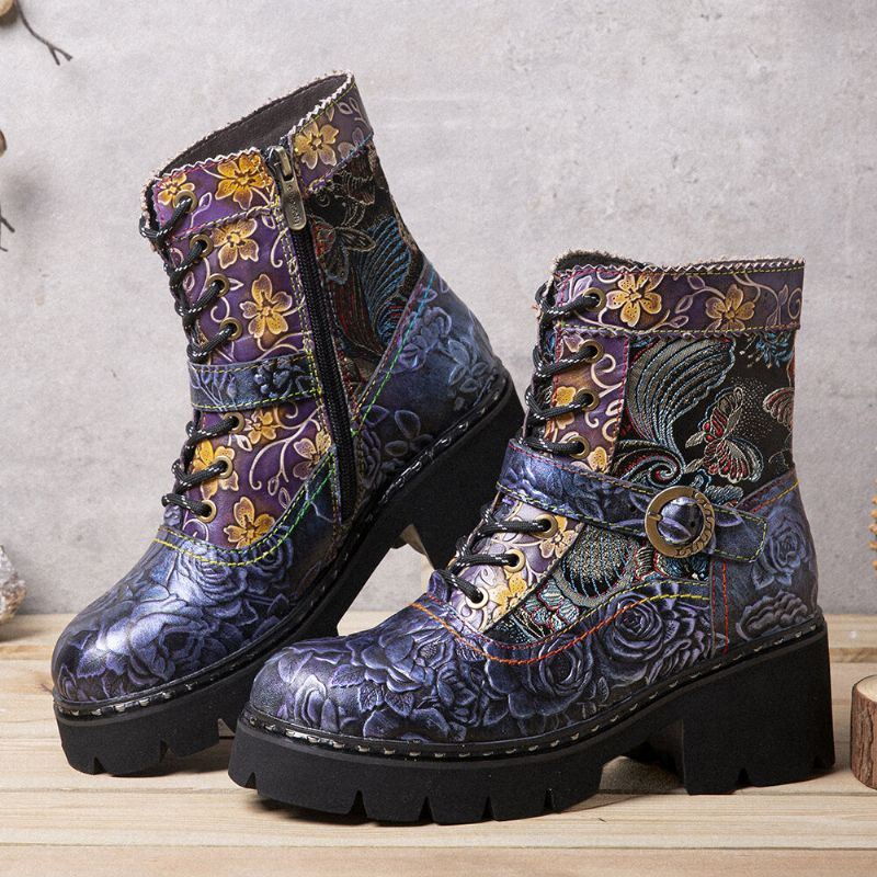 Dames Retro Etnische Stijl Rub Color Side-zip Borduurwerk Leren Mid-tube Boots