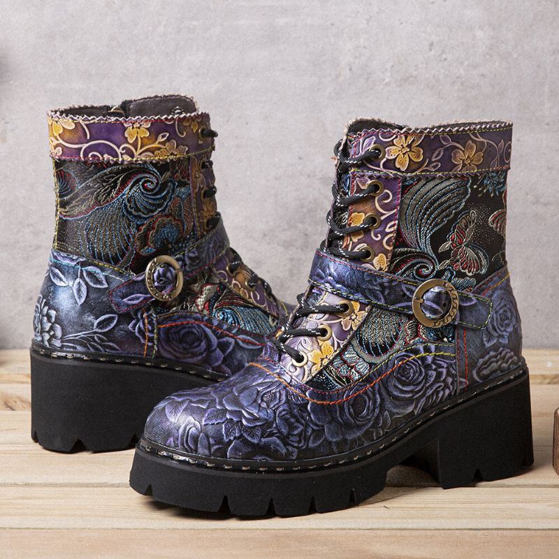 Dames Retro Etnische Stijl Rub Color Side-zip Borduurwerk Leren Mid-tube Boots