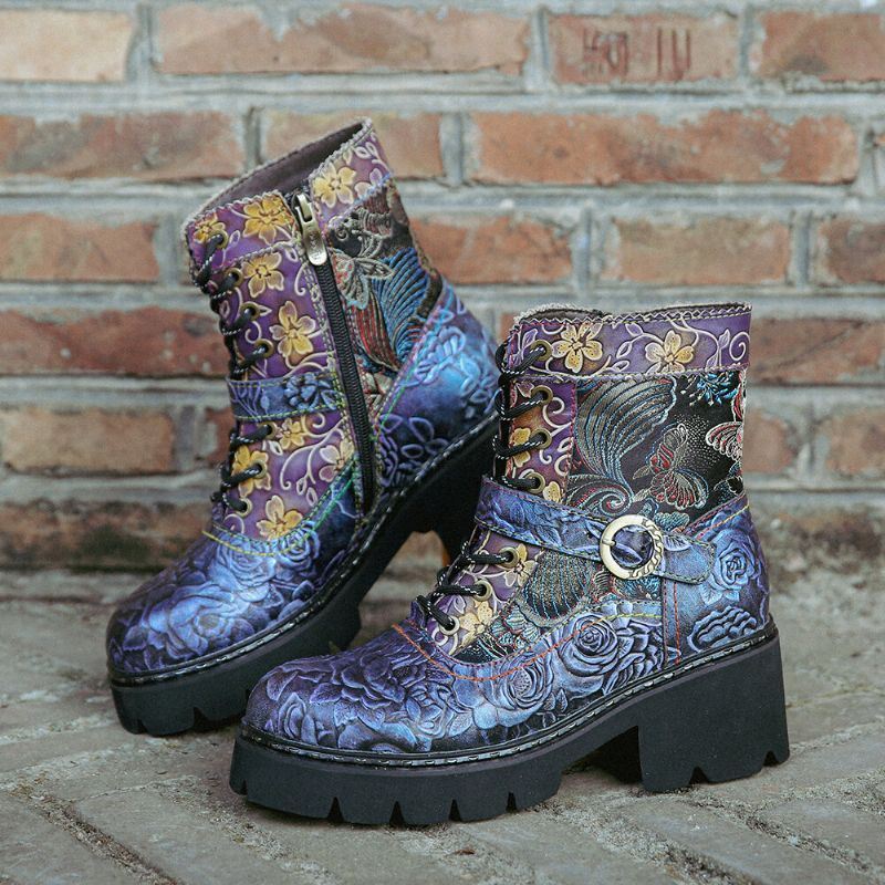 Dames Retro Etnische Stijl Rub Color Side-zip Borduurwerk Leren Mid-tube Boots