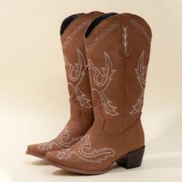 Dames Retro Geborduurde Cowboylaarzen Met Dikke Hak En Halfhoge Hak