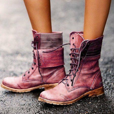 Dames Retro Leren Lace Up Blokhak Korte Laarzen