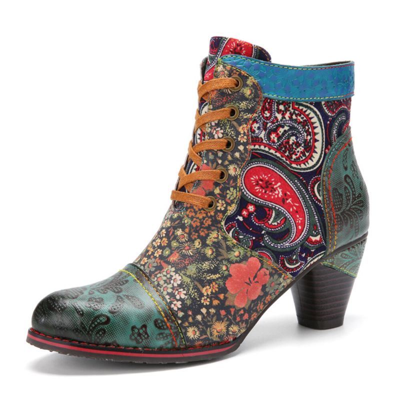 Dames Retro Paisley Patroon Lederen Patchwork Veters Ontwerp Zijrits Comfortabele Lage Hak Korte Enkellaarsjes