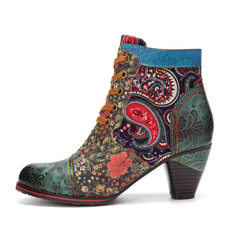 Dames Retro Paisley Patroon Lederen Patchwork Veters Ontwerp Zijrits Comfortabele Lage Hak Korte Enkellaarsjes