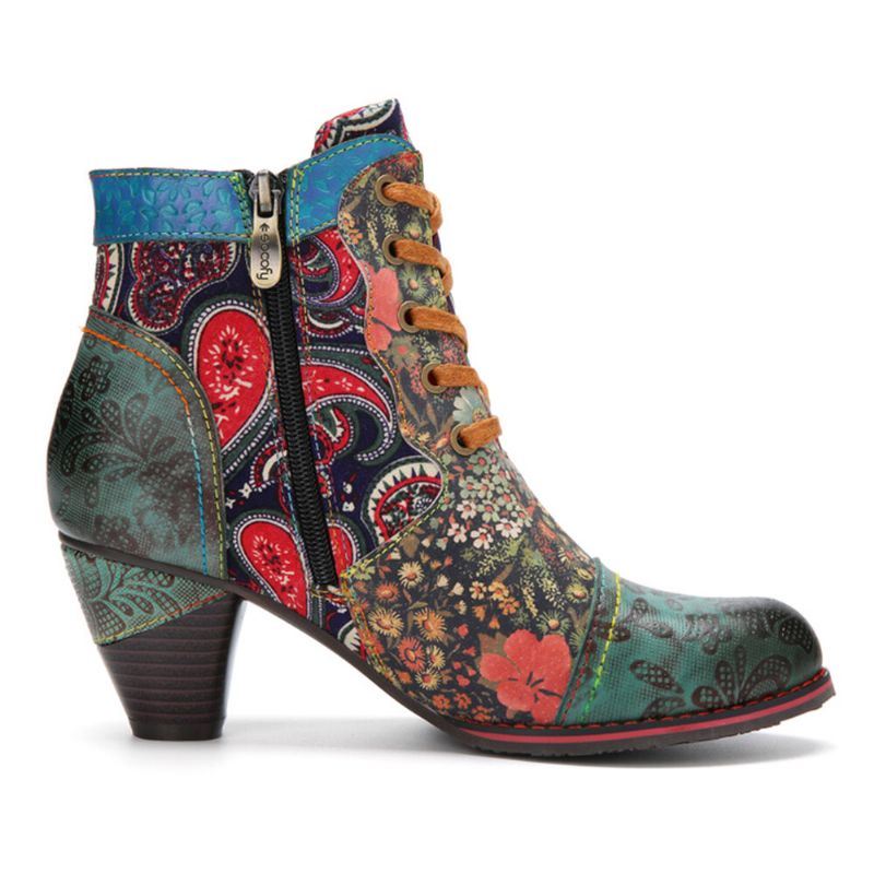 Dames Retro Paisley Patroon Lederen Patchwork Veters Ontwerp Zijrits Comfortabele Lage Hak Korte Enkellaarsjes