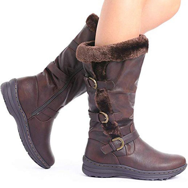 Dames Retro Pluche Voering Warme Casual Halfhoge Snowboots