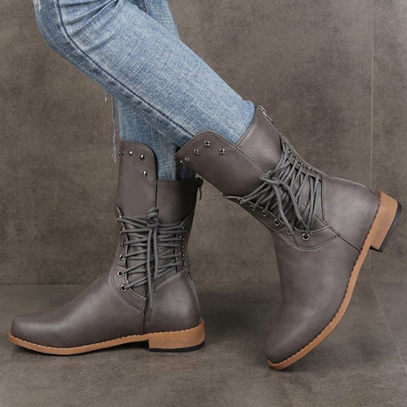 Dames Retro Rivet Cross Strap Back Zipper Mid Calf Boots