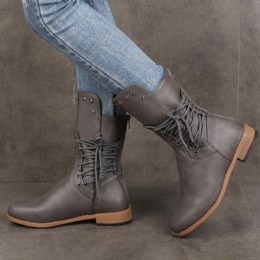 Dames Retro Rivet Cross Strap Back Zipper Mid Calf Boots