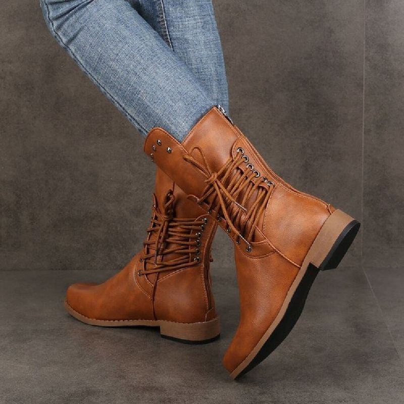 Dames Retro Rivet Cross Strap Back Zipper Mid Calf Boots