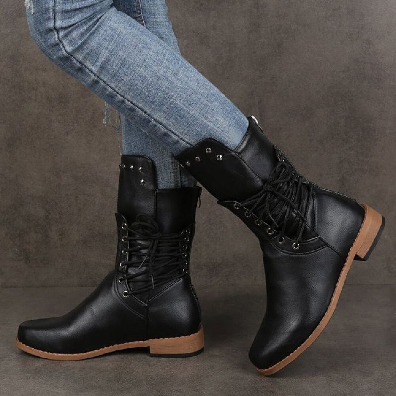 Dames Retro Rivet Cross Strap Back Zipper Mid Calf Boots