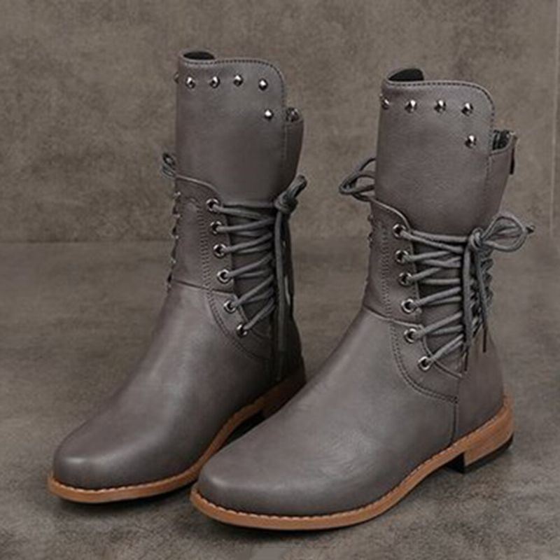 Dames Retro Rivet Cross Strap Back Zipper Mid Calf Boots